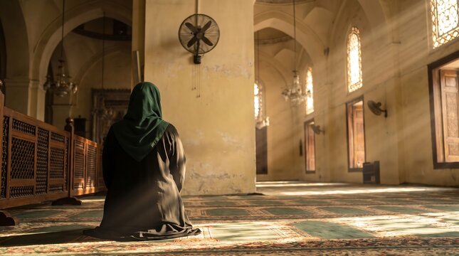 Woman in hijab kneeling in prayer inside a historic mosque with sunlight streaming through arches