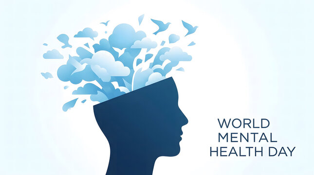 Conceptual illustration of human head with abstract clouds representing mental health awareness and psychological well being