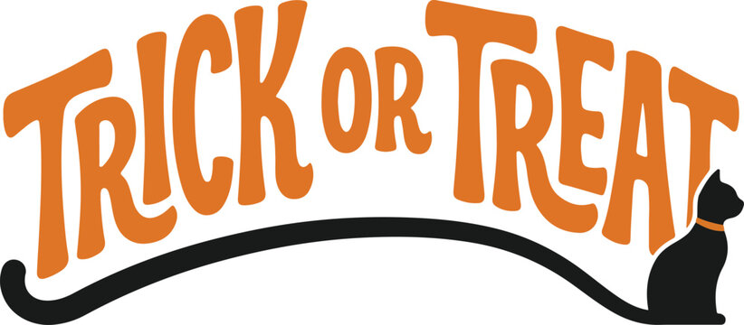 Trick or treat lettering label featuring a black cat holiday text graphic desi
