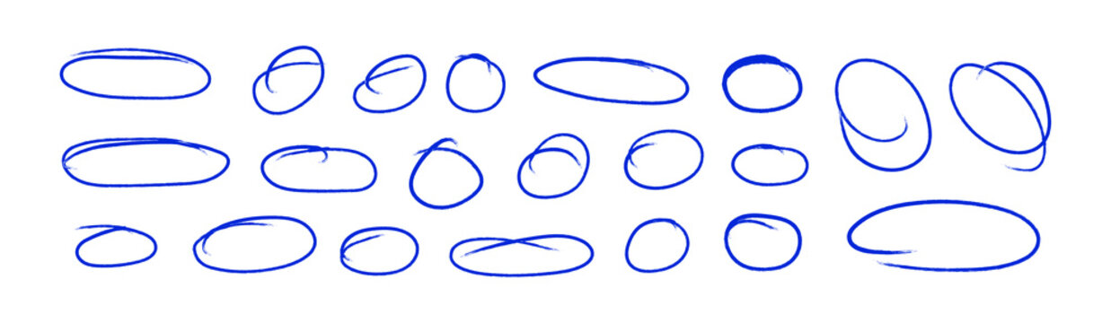 Blue circle highlight set, marker pen oval scribble collection. Hand drawn outline sketch wave brush circle mark elements rough set for text highlight ovals, PNG.