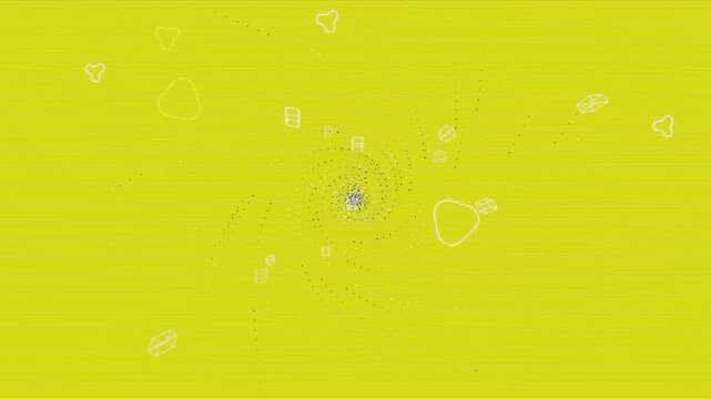 Abstract yellow spiral particle background with floating outlines.