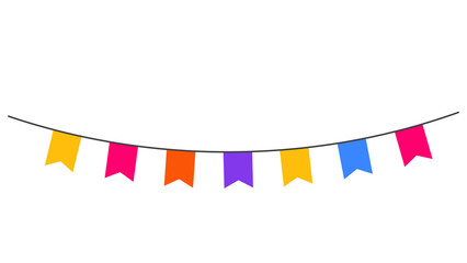 Fototapeta premium Multicolor party bunting flags hanging on a string isolated on a white background with party supplies multicolor celebration decoration festival anniversary colorful illustration isolated