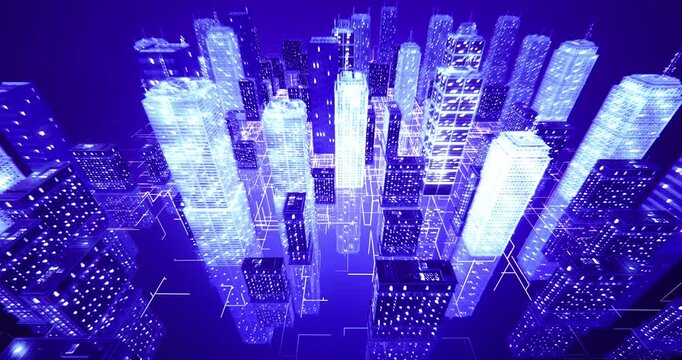 Abstract smart city infrastructure showing digital communications and internet matrix background. Technology related 3D animation.