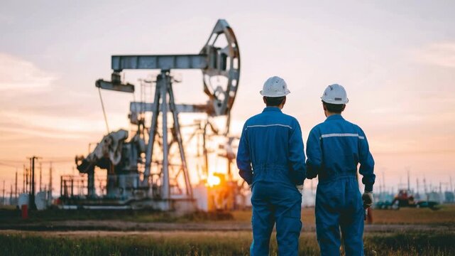 Oil rig workers in blue overalls observing pumpjack operations at sunset