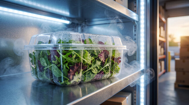 Fresh Mixed Salad Greens in Clamshell Container Inside Refrigerated Cold Storage