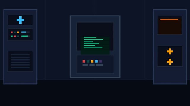 Night arcade server monitors coding scene in data center.