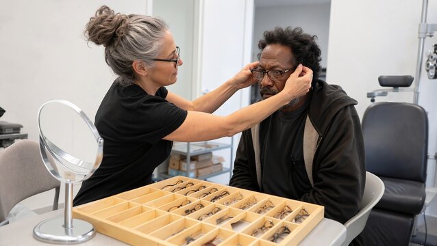 Fitting glasses for unhoused adult during vision clinic appointment. Optician assists client with eyewear adjustments, ensuring proper fit and comfort for optimal vision.