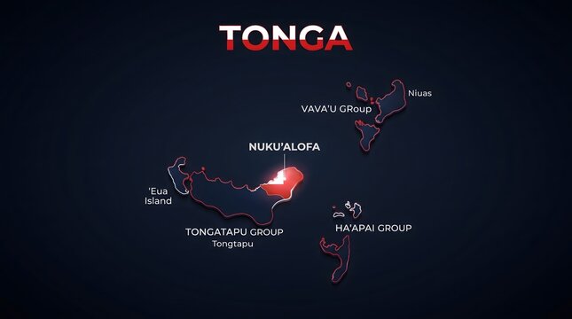3D Map of Tonga with Flag Texture and Highlighted Capital City Nuku'alofa Isolated on Black Background