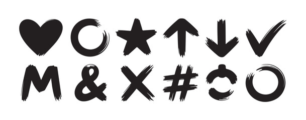 Fototapeta premium Black hand drawn brush stroke icons collection contains heart shape star sign and check marks.