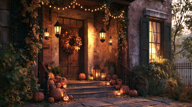 Decorated brick house entrance featuring carved pumpkins and warm string lights on white background