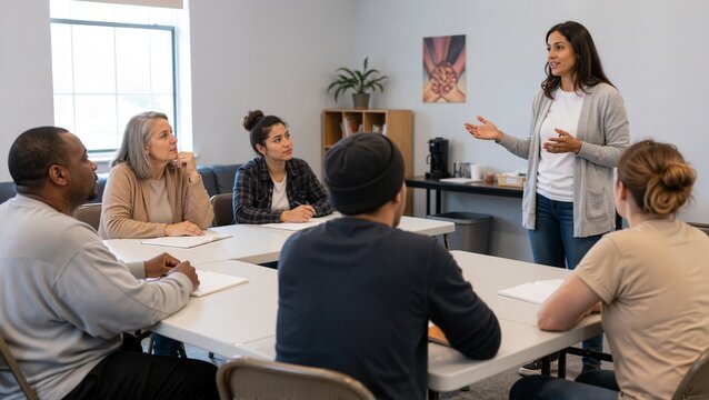 Job readiness workshop at transitional shelter with diverse participants learning new skills from instructor.