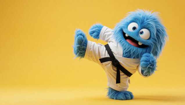 Cute blue furry monster performing a high karate kick in a white gi and black belt. Energetic martial art character isolated on a vibrant yellow background