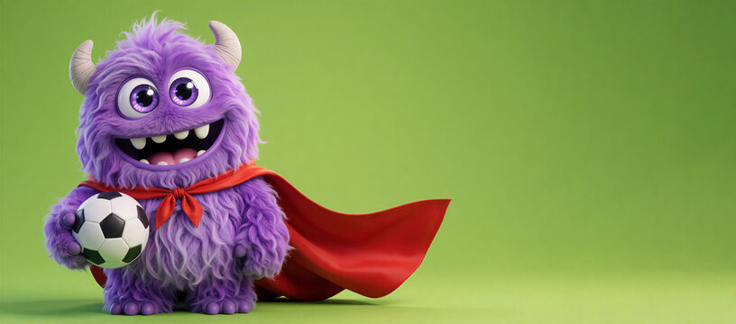 Cute purple monster wearing a red superhero cape and holding a soccer ball. Friendly furry creature smiling on a green background with copy space