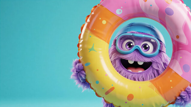 Cute purple monster wearing a swim cap and goggle looking through a colorful pool float. Fun summer holiday concept with copy space on blue background