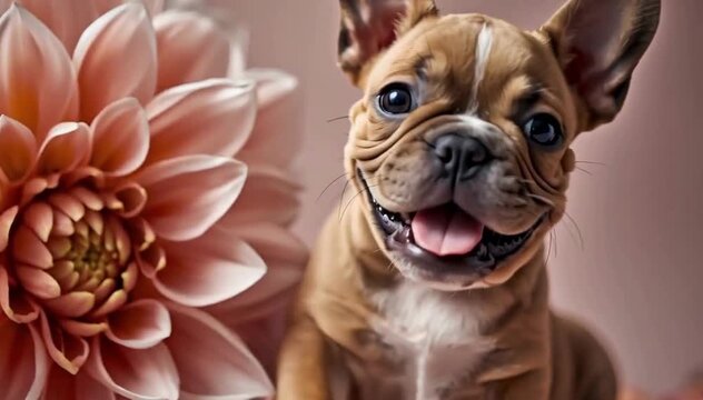 Premium Editorial Pet Photography of a French Bulldog Puppy Beside an Oversized Dahlia