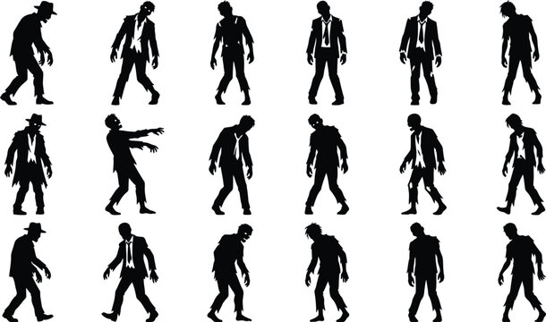 Set of scary horror zombie silhouettes with smoth lines in a black vector illustration for haloween party design
