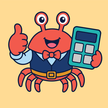 Cute Crab Accountant with Calculator Cartoon Character