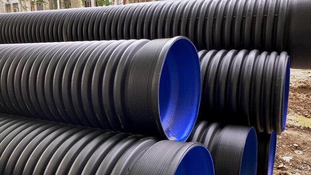 A several large, double-layer corrugated HDPE pipe with a black, ribbed outer surface.