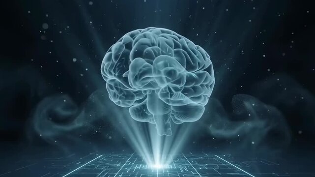 Digital hologram of a human brain glowing above a high-tech interface in a dark futuristic laboratory setting.