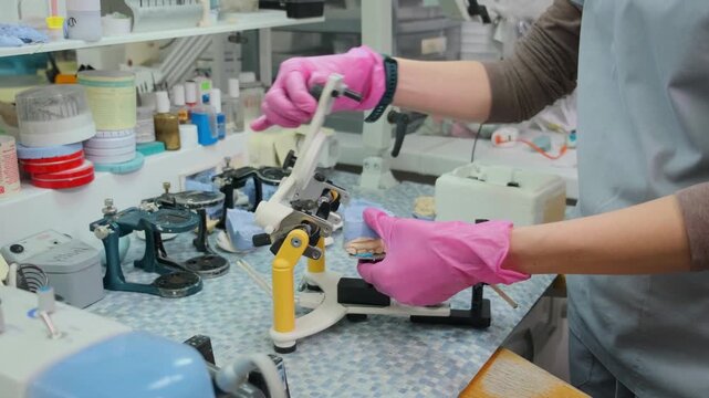 A dental technician in a dental laboratory works with plaster models of jaws and a mechanical articulator.