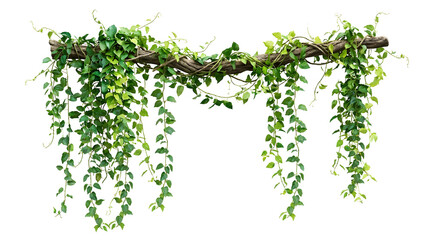 Fototapeta premium Green ivy vine plant hangs on wooden branch decoration.