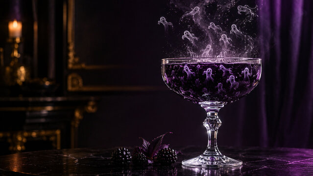 Elegant purple Halloween cocktail filled with ghostly figures rising through magical violet vapor.