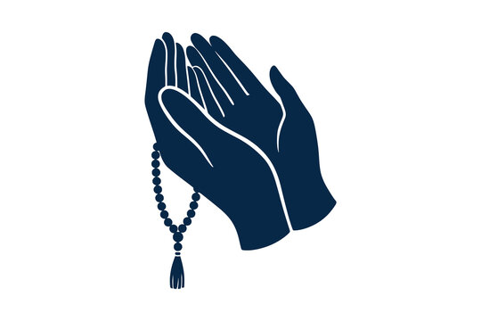 Silhouette of Human Hands in Prayer Gesture with Islamic Misbaha Beads Vector Illustration Design