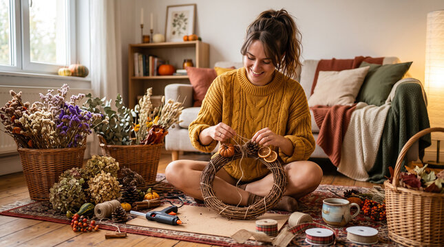 Young woman creating autumn wreath with dried flowers sitting on floor in cozy living room