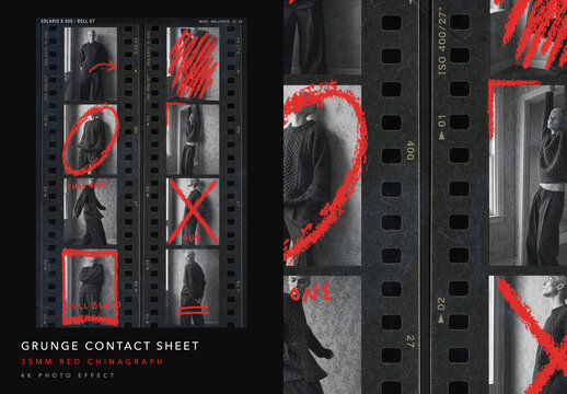 35mm Film Contact Sheet Photo Effect - Vintage Grunge Proof Sheet Red Marks