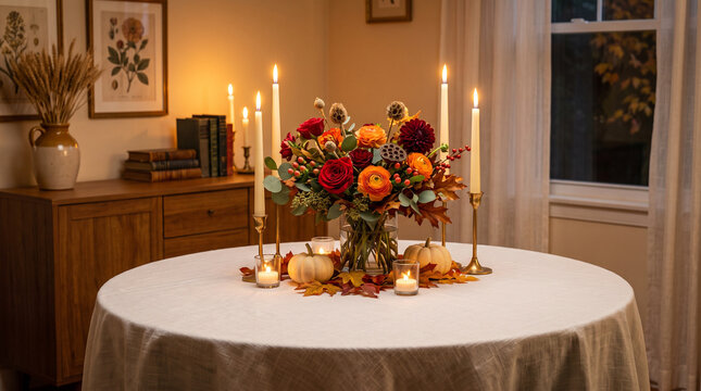 Elegant autumn table centerpiece with flowers pumpkins and candles on white tablecloth
