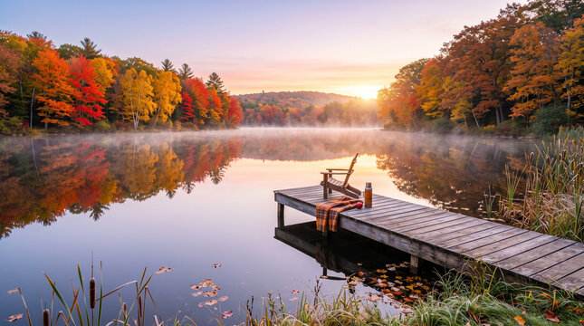 Wooden dock with chair and blanket on misty lake at sunrise surrounded by colorful autumn trees