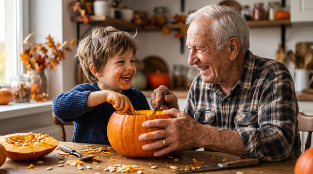Happy grandfather and grandson carving pumpkin together in cozy autumn kitchen