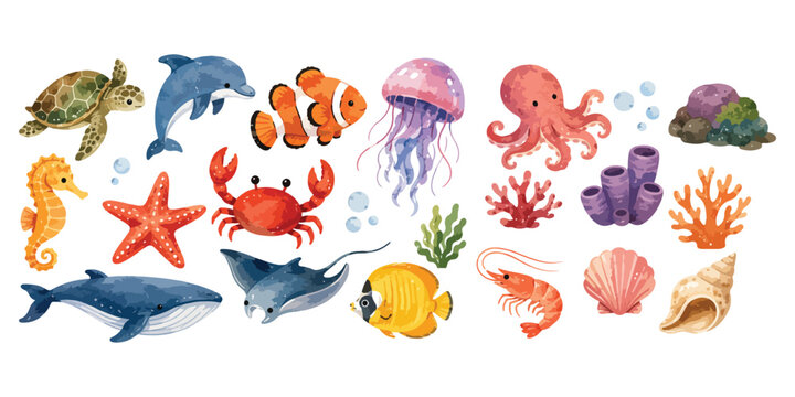Watercolor Sea Life Animals and Marine Creature Collection Isolated on White Background