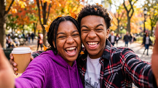 Happy young couple taking autumn selfie in park with colorful fall foliage
