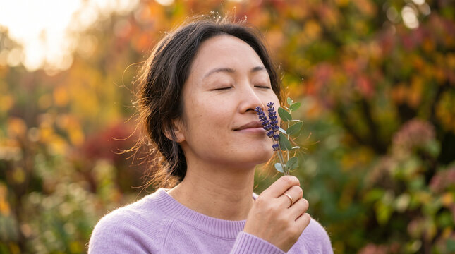 Woman in purple sweater smelling lavender flower with eyes closed in autumn garden