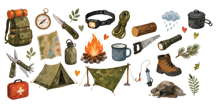 Watercolor Wilderness Bushcraft and Survival Camping Equipment Set Isolated on White Background