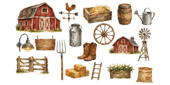 Watercolor Country Barn and Rustic Farmstead Elements Set Isolated on White Background