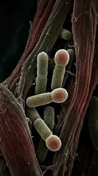 Bacterium infection visualize: Clostridium tetani, deadly tetanus, toxin production, muscle spasm, lockjaw symptom, opisthotonos disease, trismus condition, nerve impact.