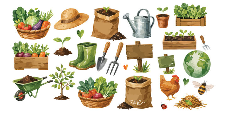 Watercolor Organic Gardening and Vegetable Farm Supplies Set Isolated on White Background