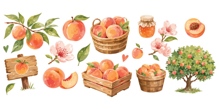 Watercolor Fresh Peach Fruit and Orchard Harvest Collection Isolated on White Background