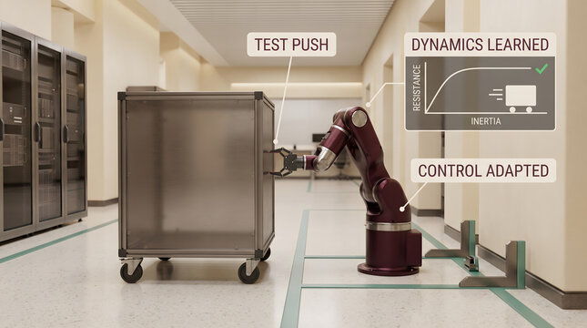 Autonomous mobile robotic unit transporting a caged cart through a modern hallway with kinetic trajectory overlay mobile robot autonomous vehicle robotic transport facility log