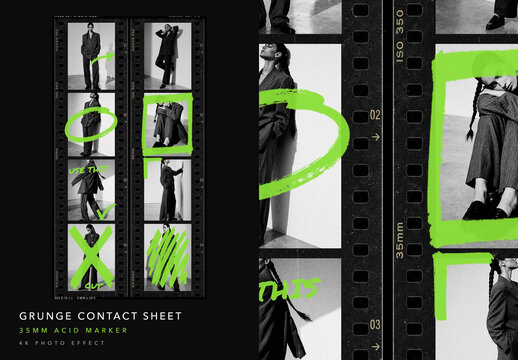 35mm Contact Sheet Photo Effect - Grunge Proof Sheet with Acid Green Marker