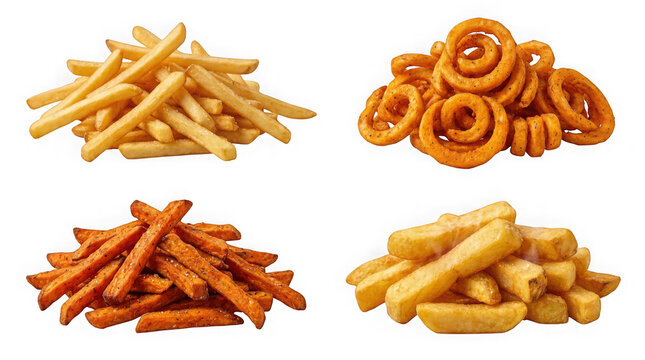Four different types of fried potatoes isolated on transparent background