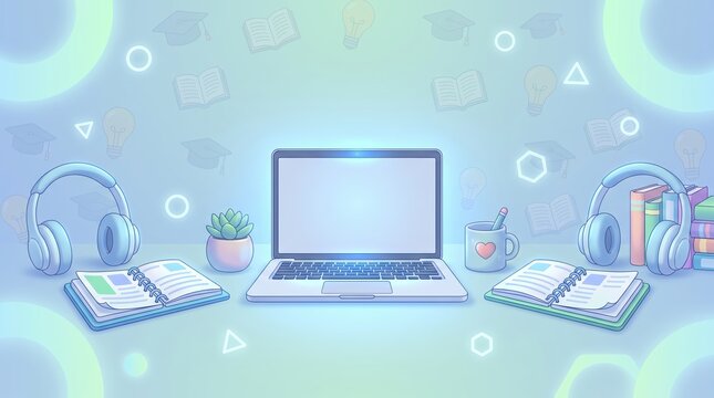 E-learning workspace with laptop, headphones, books and stationery on a desk in a pastel blue background