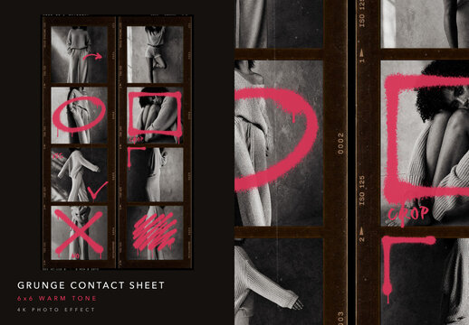 Square Contact Sheet Photo Effect - Warm Toned Proof Sheet with Spray Marks