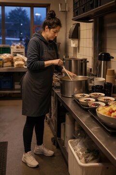 Volunteer preparing breakfast in shelter kitchen while stirring large pot and arranging nourishing meals on counter. Early shift volunteer work includes creating healthy meals for those in need.