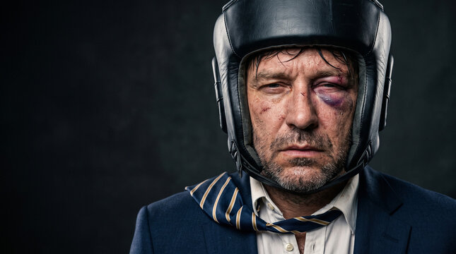 Weary and battered business people, honed by business battles comparable to boxing matches, face the concepts of risk management and business survival.
