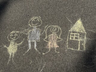 drawing on the road Children’s chalk drawing on pavement outdoors © Natali