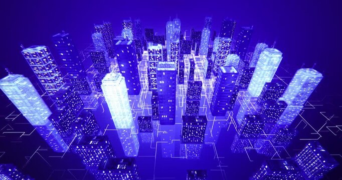 High tech smart metropolis animation with digital network grid and illuminated buildings. Technology related 3D animation.