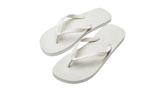 Pair of casual white beach flip flops sandals isolated on transparent background for summer vacation travel apparel.